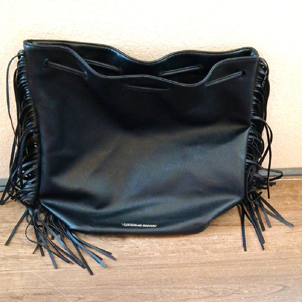Victoria's Secret Black Faux Leather Bucket Backpack With Fringe
